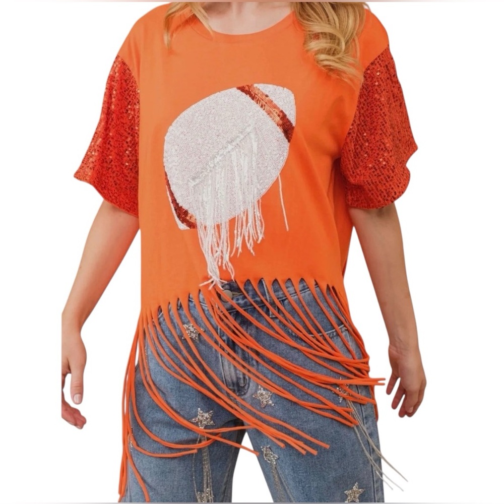 NEW blue b Bright Orange & White Sequin Fringe Football Tee T-Shirt Tennessee